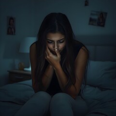 A woman sad in a dark room