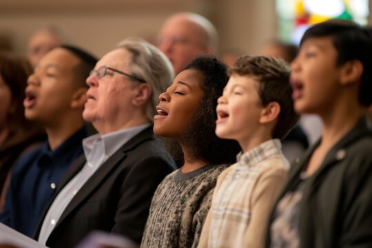 Family members of all ages come together in harmony, singing hymns in a church setting. Their expressions reflect joy and connection as they share this uplifting experience