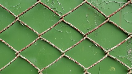Fototapeta premium Close-up of rusted chain-link fence against a green background, showcasing weathered texture and geometric pattern.