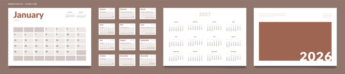 2026 Calendar Planner Set of Template Monthly Page, Cover with Place for Photo, Company Logo, Annual 2027. Vector layout of a wall or desk calendar with week start Monday for print. Page A4 -21x29.7cm