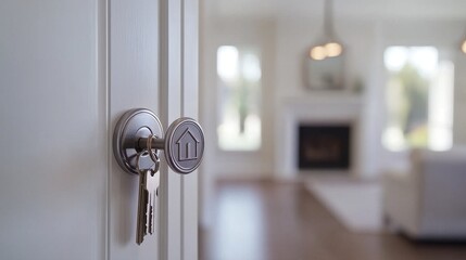 Obraz premium Key in Door Lock with Modern Living Room Background