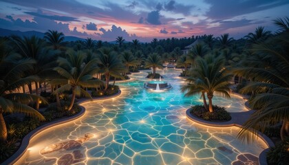 Illuminated Resort Pool at Sunset Surrounded by Lush Palm Trees and Tropical Landscape