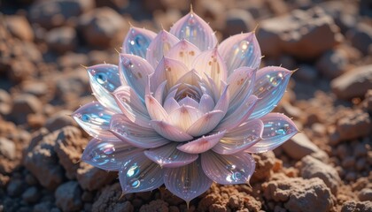 Stunning iridescent succulent plant with dew drops thriving in rocky terrain