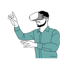 Man using VR headset. Modern guy in futuristic Virtual Reality glasses. Hand drawn thin line style vector illustration of person and AR isolated 