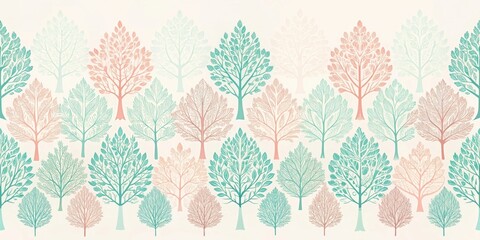 Obraz premium Serene Woodland Canopy A Pastel-Colored Pattern of Stylized Trees in a Repeating Design Ideal for Textile Prints, Wallpaper, and Decorative Applications