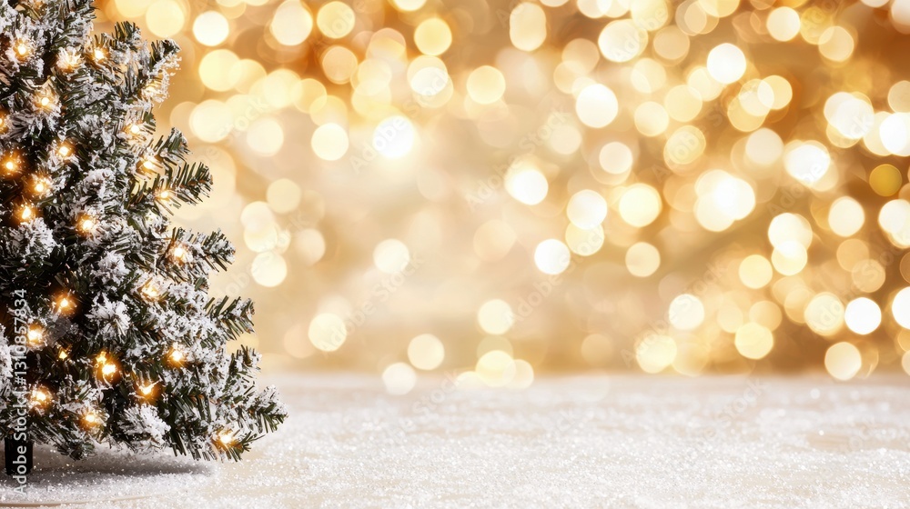 Poster snowy christmas tree with soft golden bokeh background and lights