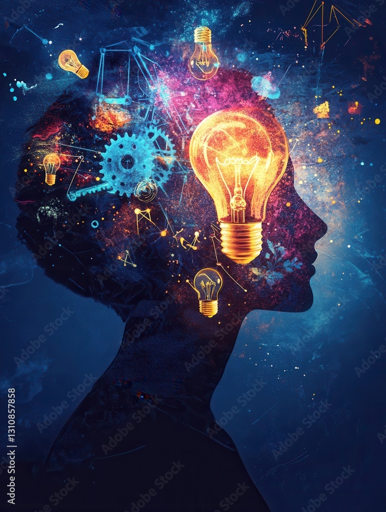 Poster creativity and innovation represented through human silhouette with lightbulbs and gears floating in