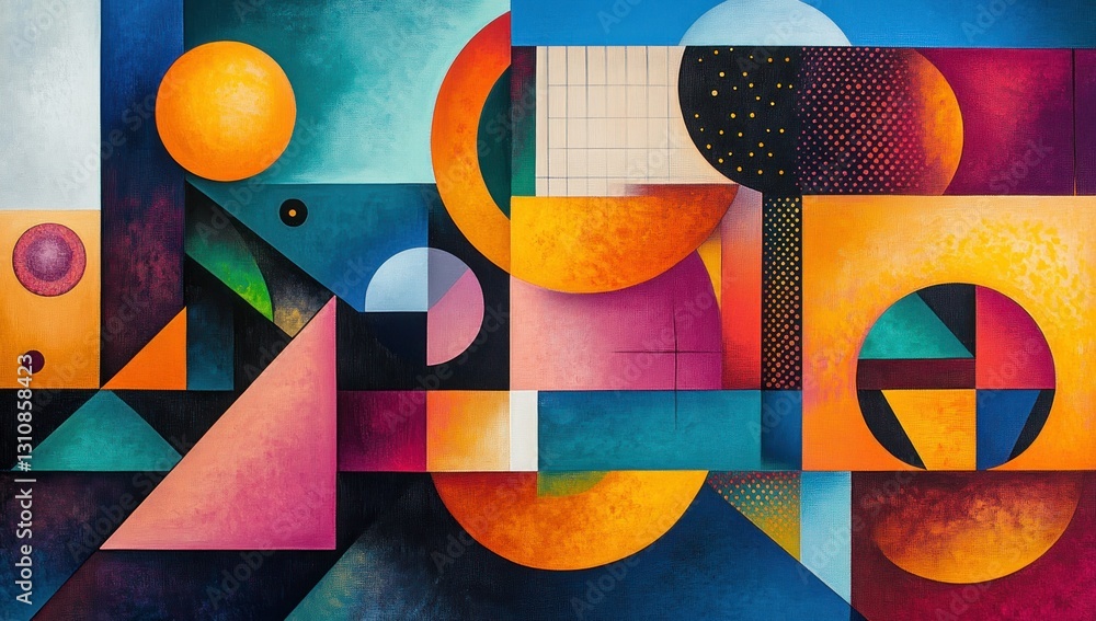 Poster bold geometric composition painted with rich textures evoking a modern abstract expressionism with c