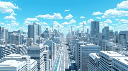 Obraz premium Modern Urban Cityscape with Wind Turbines and Blue Sky
