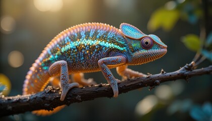 Vibrant Chameleon on Branch in Natural Habitat Wildlife