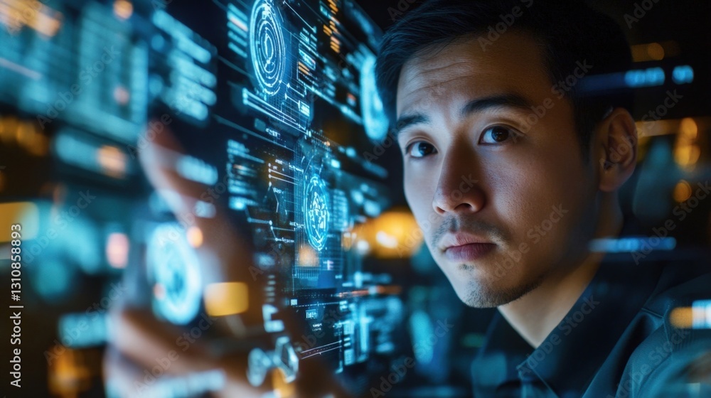 Poster asian businessman working late in a modern office, interacting with a futuristic screen displaying b