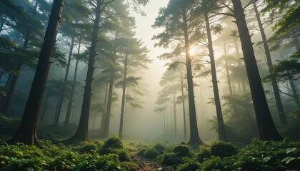 Serene Misty Forest Path Sunbeams Through Tall Trees Nature