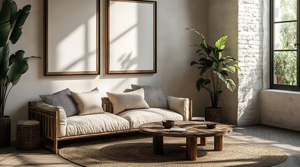 An empty, light wooden frame mockup on the wall of a living room, with a sofa and coffee table nearby. The walls are white, and there is a window with curtains. 