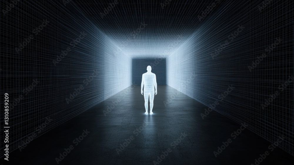 Poster ethereal figure in a dark tunnel with glowing grid environment