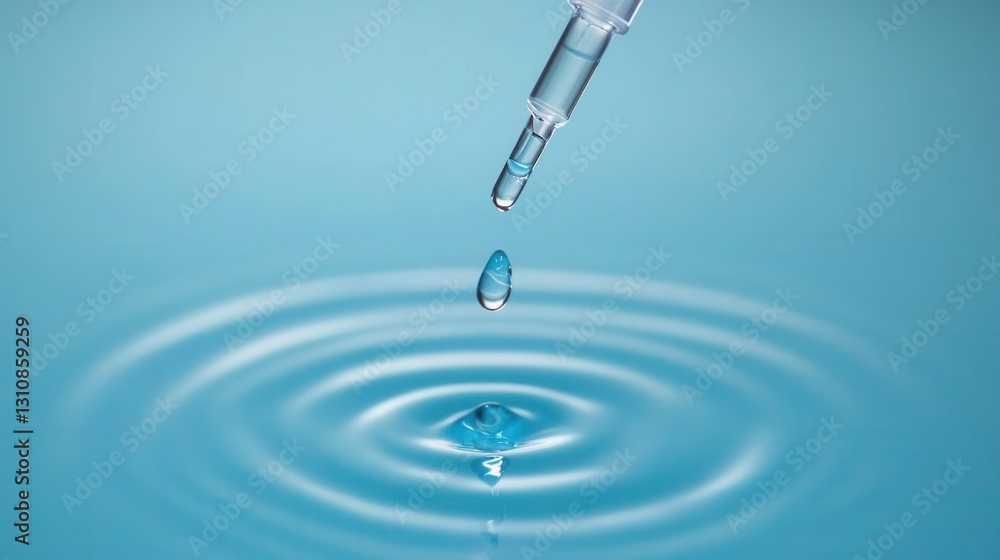 Poster crystal clear water drop falling from pipette creating ripples