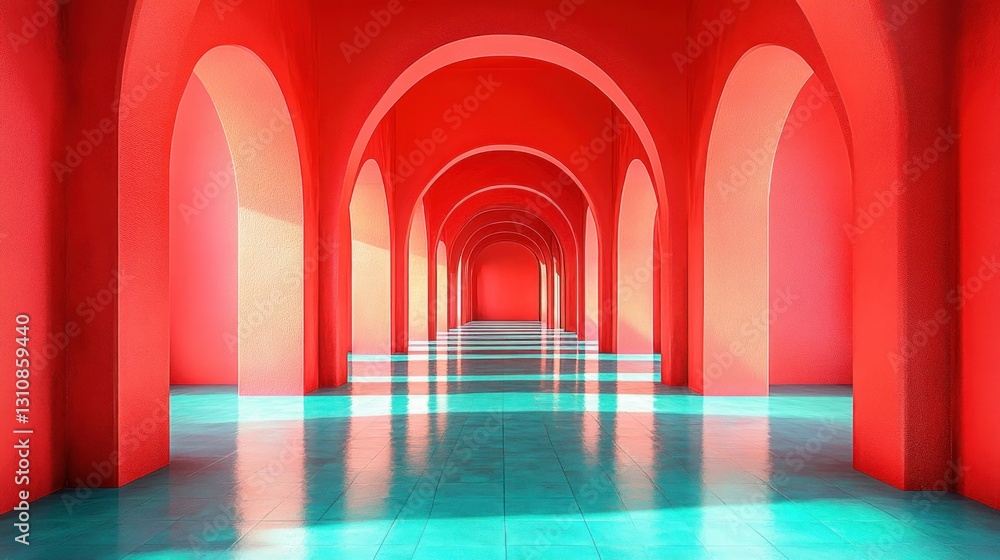 Poster abstract architectural corridor with red arches and teal floor creating a symmetrical tunnel perspec