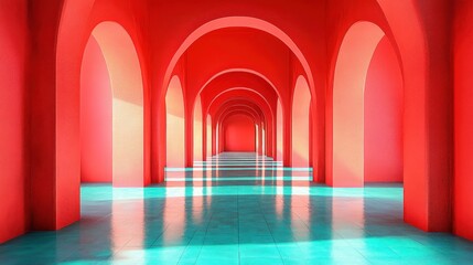 Obraz premium abstract architectural corridor with red arches and teal floor creating a symmetrical tunnel perspective and light reflections for modern design