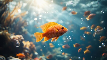 golden fish swim through sunlit waters surrounded by shimmering bubbles in a vibrant underwater coral reef landscape teeming with life