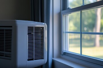 Obraz premium Portable AC unit by window, cool breeze. Ideal for summer comfort, energy efficiency.