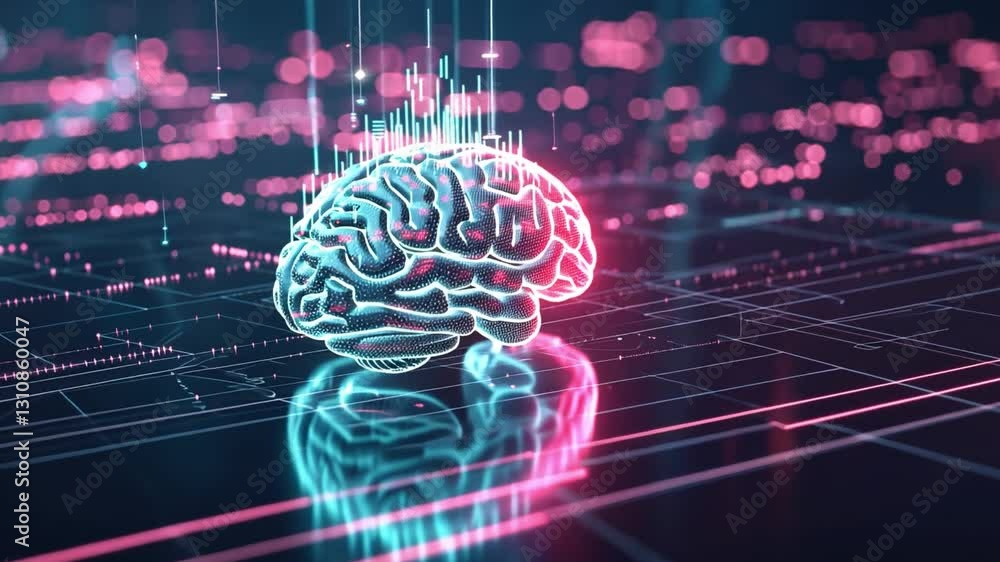 Poster futuristic digital brain glowing circuits and data streams in artificial intelligence and technology