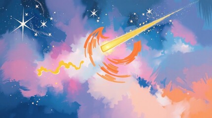 Magical Shooting Star Illustration in Colorful Cloudscape with Starry Sky