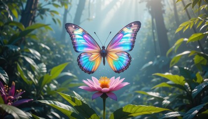 Vibrant iridescent butterfly hovering over a pink flower in a lush green tropical forest