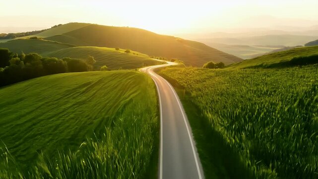 winding countryside road cutting sea lush green fields golden sunlight filtering swaying grass high definition video video footage