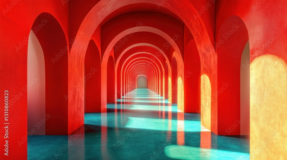 Poster a red arched corridor with a water surface floor creates a mesmerizing architectural perspective hin