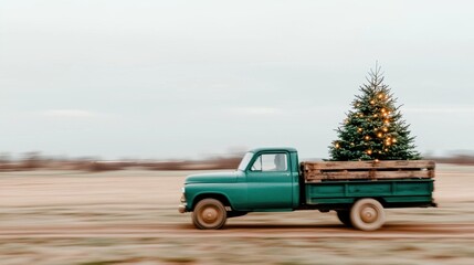 Fototapeta premium Vintage Truck with Christmas Tree Driving Through Winter Landscape