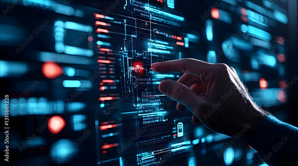 Poster hand interacting with digital interface and futuristic data visualization