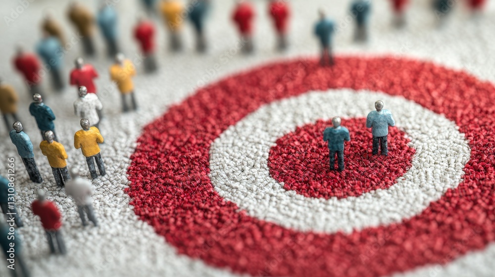 Poster miniature figures on red target symbolizing focus and goals