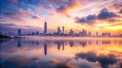 Fototapeta premium Serene Dawn Cityscape Reflected in Still Waters, Misty Horizon, Golden Sunrise Hues