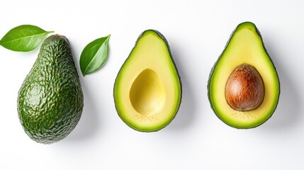 Three whole and halved avocados with leaves on a white background.