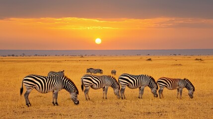Sunset Gradient with Zebras Grazing in a Golden Savannah Landscape