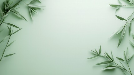 Fototapeta premium Minimalist green background with elegant bamboo leaves framing the corners, ideal for natural-themed designs.