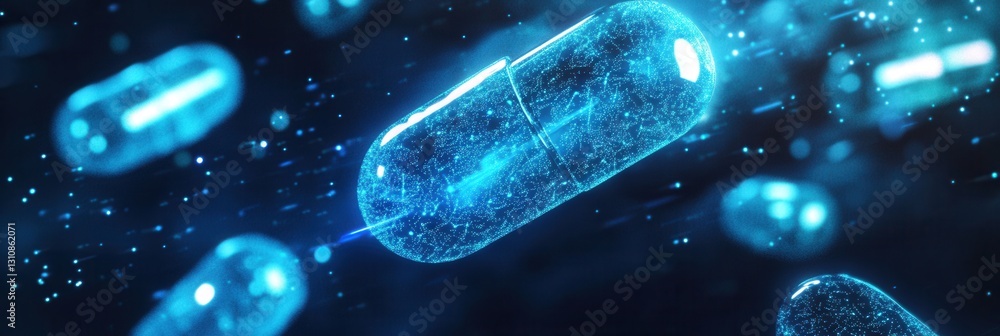 Poster glowing capsules create an otherworldly ambiance with soft blue light in a dark, digital futuristic 
