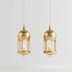 Obraz premium Elegant gold lanterns with candles, suspended in serene setting, create warm and inviting atmosphere. Perfect for enhancing any decor or event