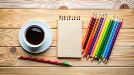 Silhouette Desk Setup: Top View Workspace, Modern Office, Planning Research, Coffee, Pen, Notebook, Pencils