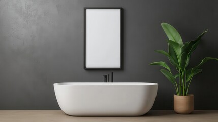 Fototapeta premium Mockup of rectangular frames with beveled edges, displaying closeup macro photography of water droplets, mounted above a freestanding bathtub, 3D render