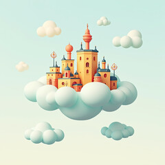 Naklejka premium Fairytale Castle on Clouds, Fantasy Illustration - 3D Renderings