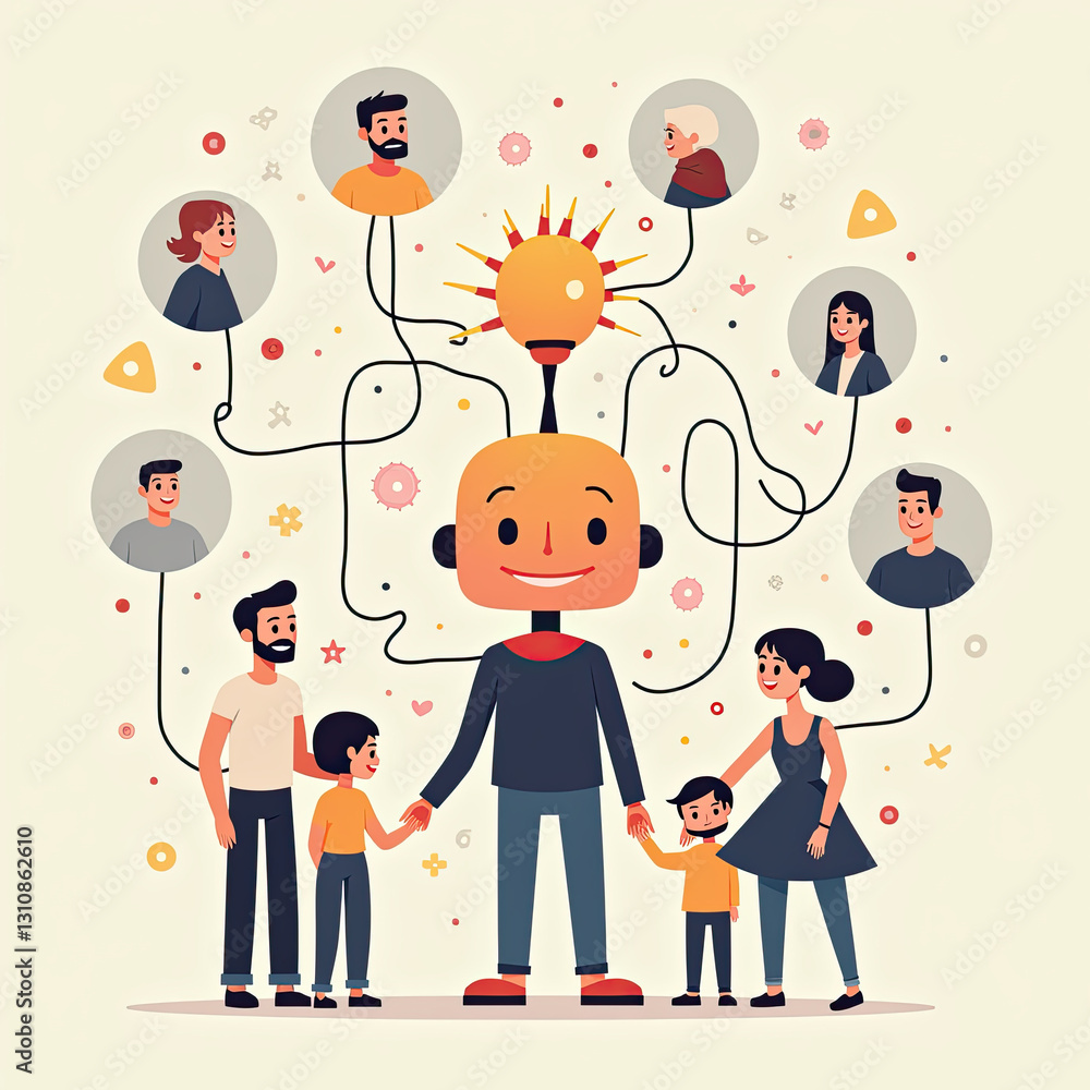 Poster happy robot family connection network - ai and technology