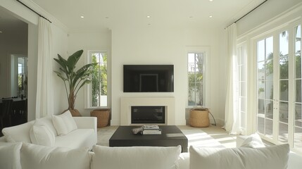 Modern living room, sunlight, white furniture, fireplace, coastal view, home decor, real estate