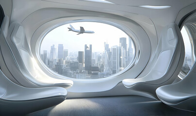 Modern Airport Lounge with Futuristic Design and City View