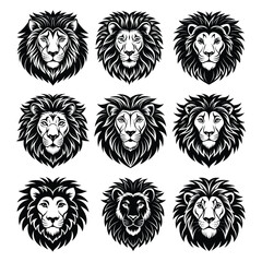 Obraz premium Nine different lion head designs with fierce expressions silhouette isolated on white background