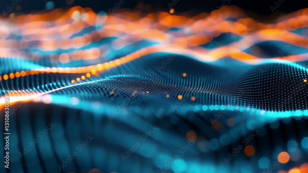 Poster vibrant abstract digital waves in blue and orange colors mesmerizing representation of data flow and