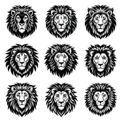 Obraz premium Nine lion head illustrations with different facial expressions silhouette isolated on white background