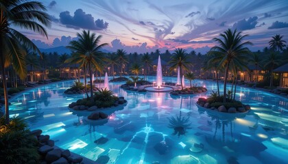 Serene Tropical Resort Pool at Dusk Illuminated Waters and Palm Trees