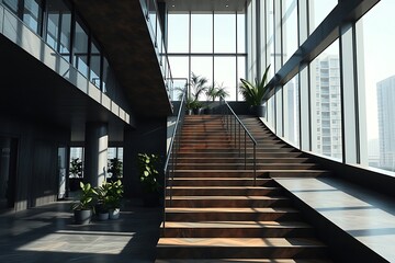 A large hall with staircase
