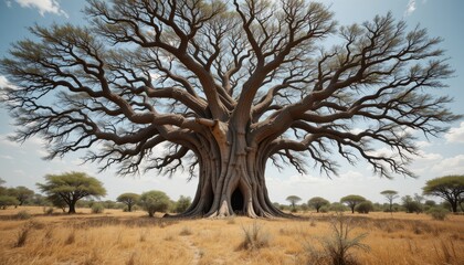 Majestic African Baobab Tree in Savannah Landscape under a Sunny Sky