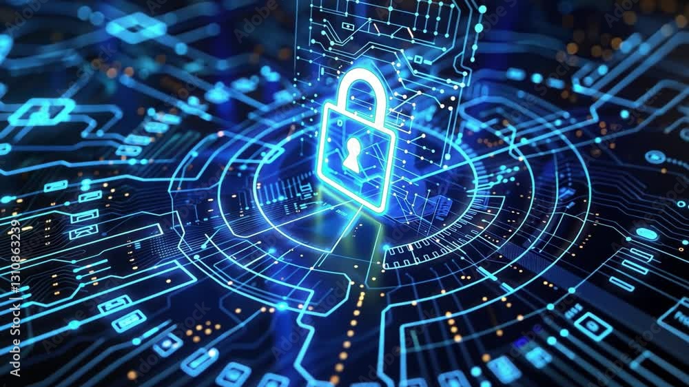Poster glowing blue digital lock on circuit board secure technology for cybersecurity and data protection i